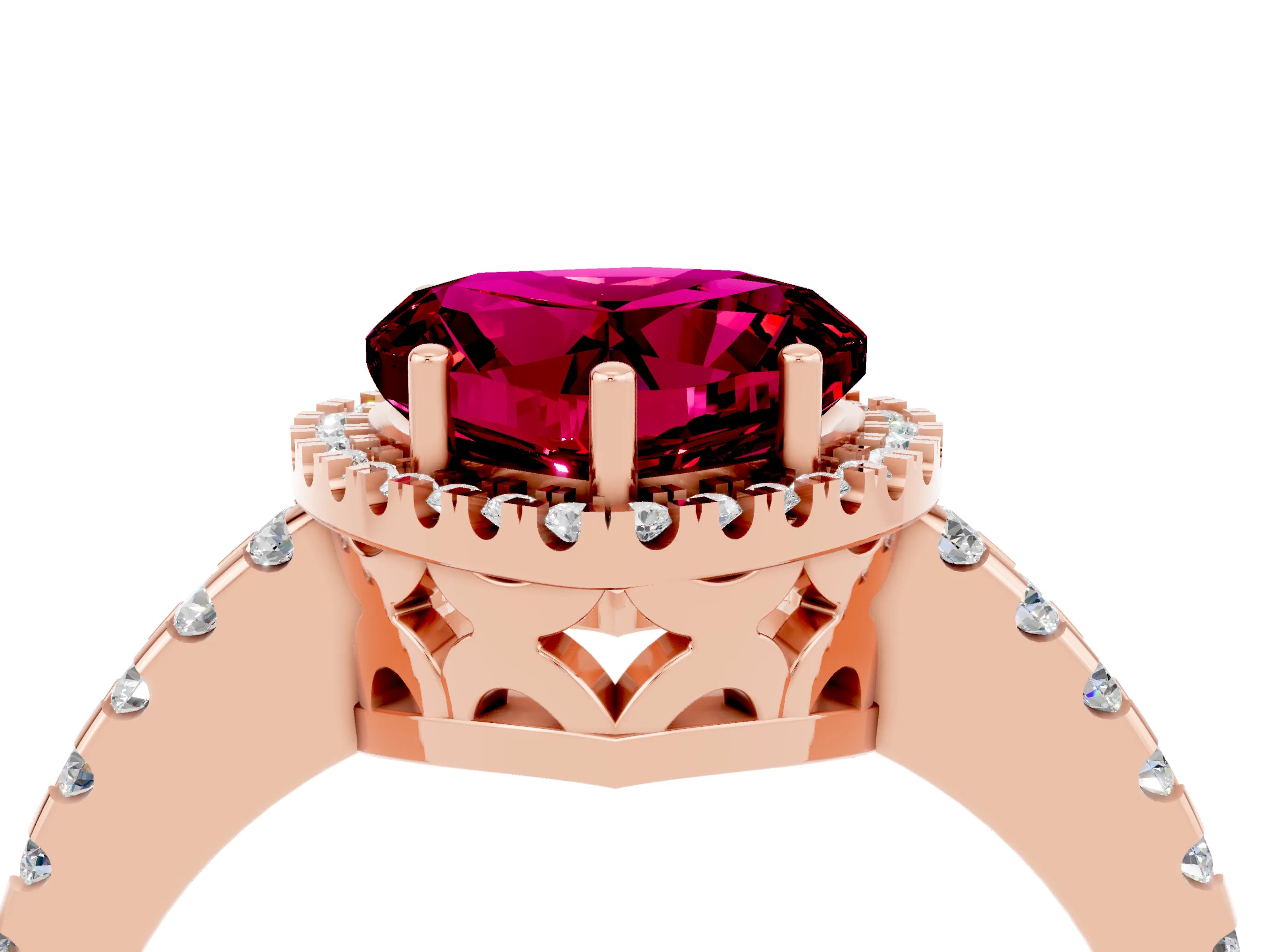 Rose gold Heart Cut Garnet Halo Engagement Ring with Pavé Band and Prong Setting_16