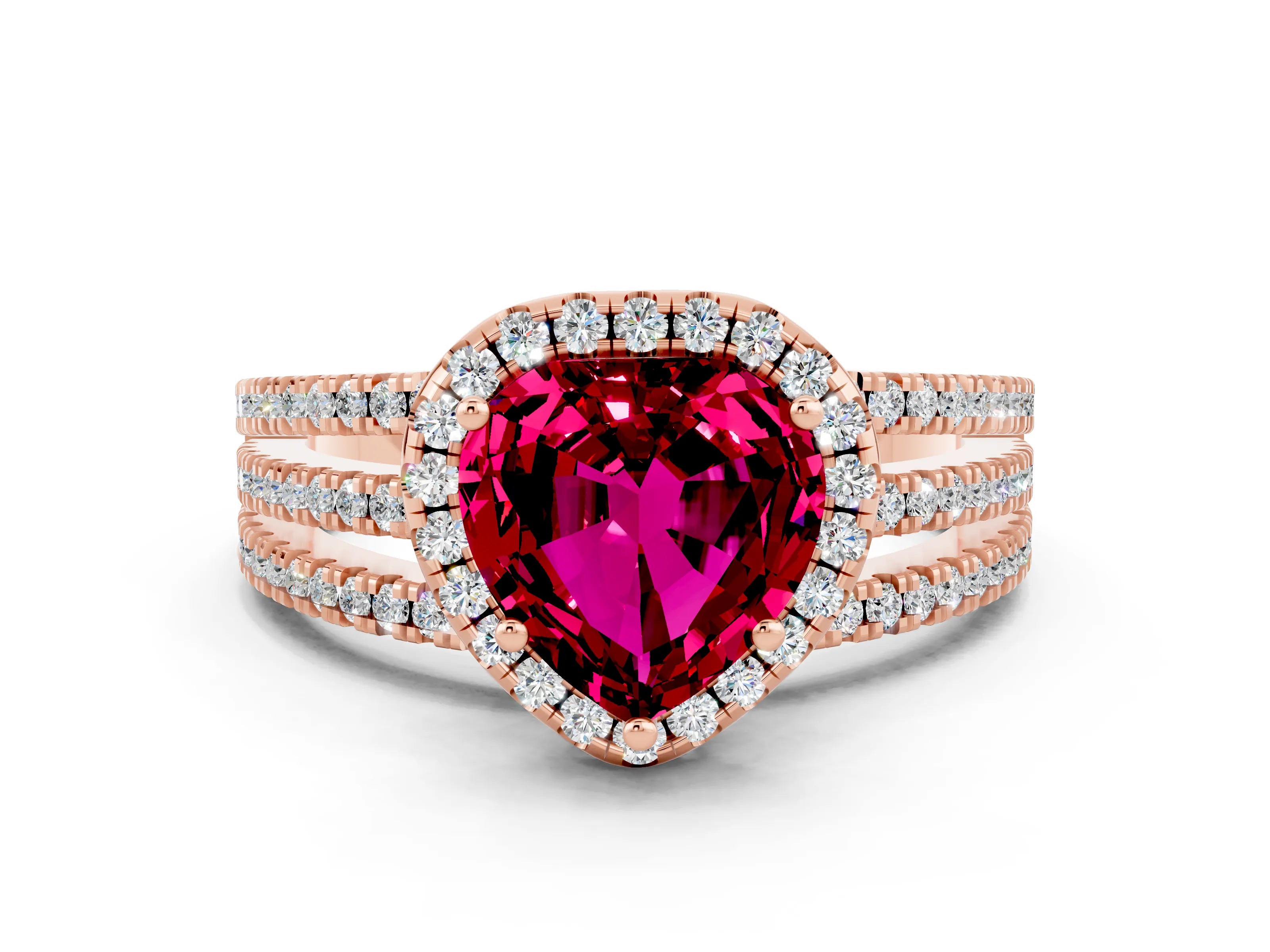 Rose gold Heart Cut Garnet Halo Engagement Ring with Split Shank and Four-Prong Setting