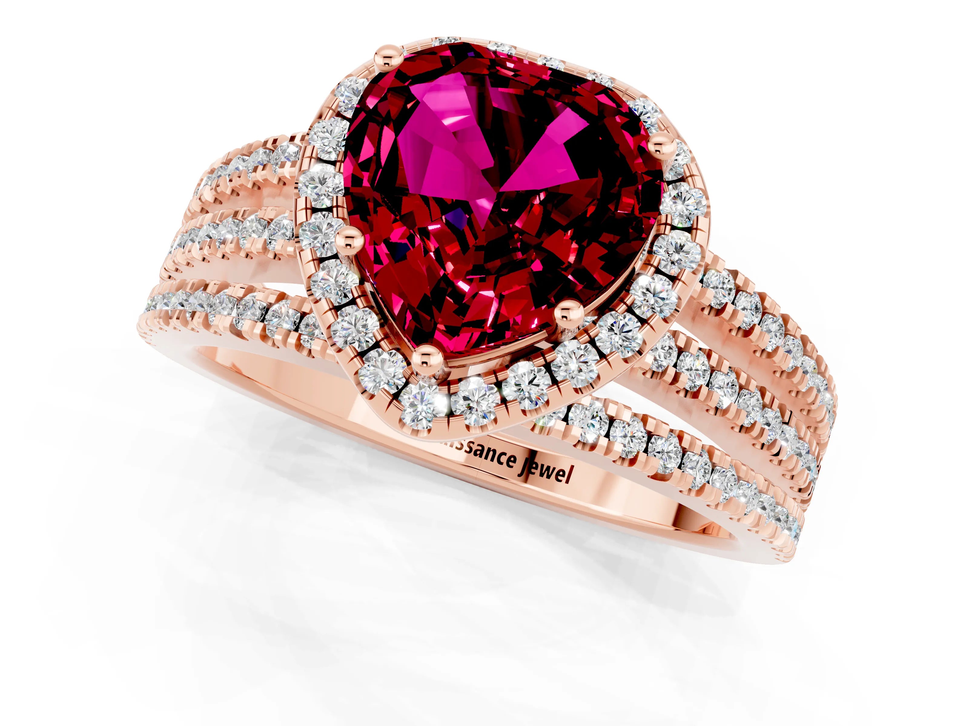 Rose gold Heart Cut Garnet Halo Engagement Ring with Split Shank and Four-Prong Setting_1