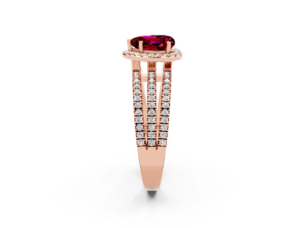 Rose gold Heart Cut Garnet Halo Engagement Ring with Split Shank and Four-Prong Setting