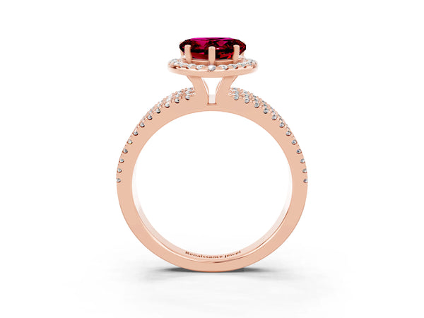 Rose gold Heart Cut Garnet Halo Engagement Ring with Split Shank and Four-Prong Setting