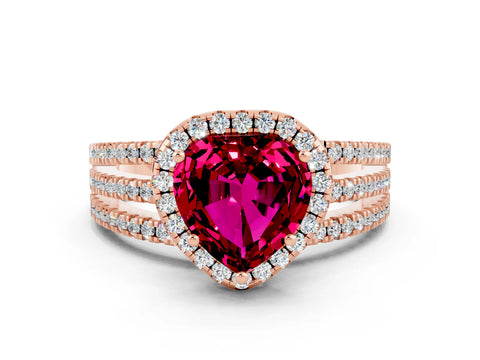 Rose gold Heart Cut Garnet Halo Engagement Ring with Split Shank and Four-Prong Setting