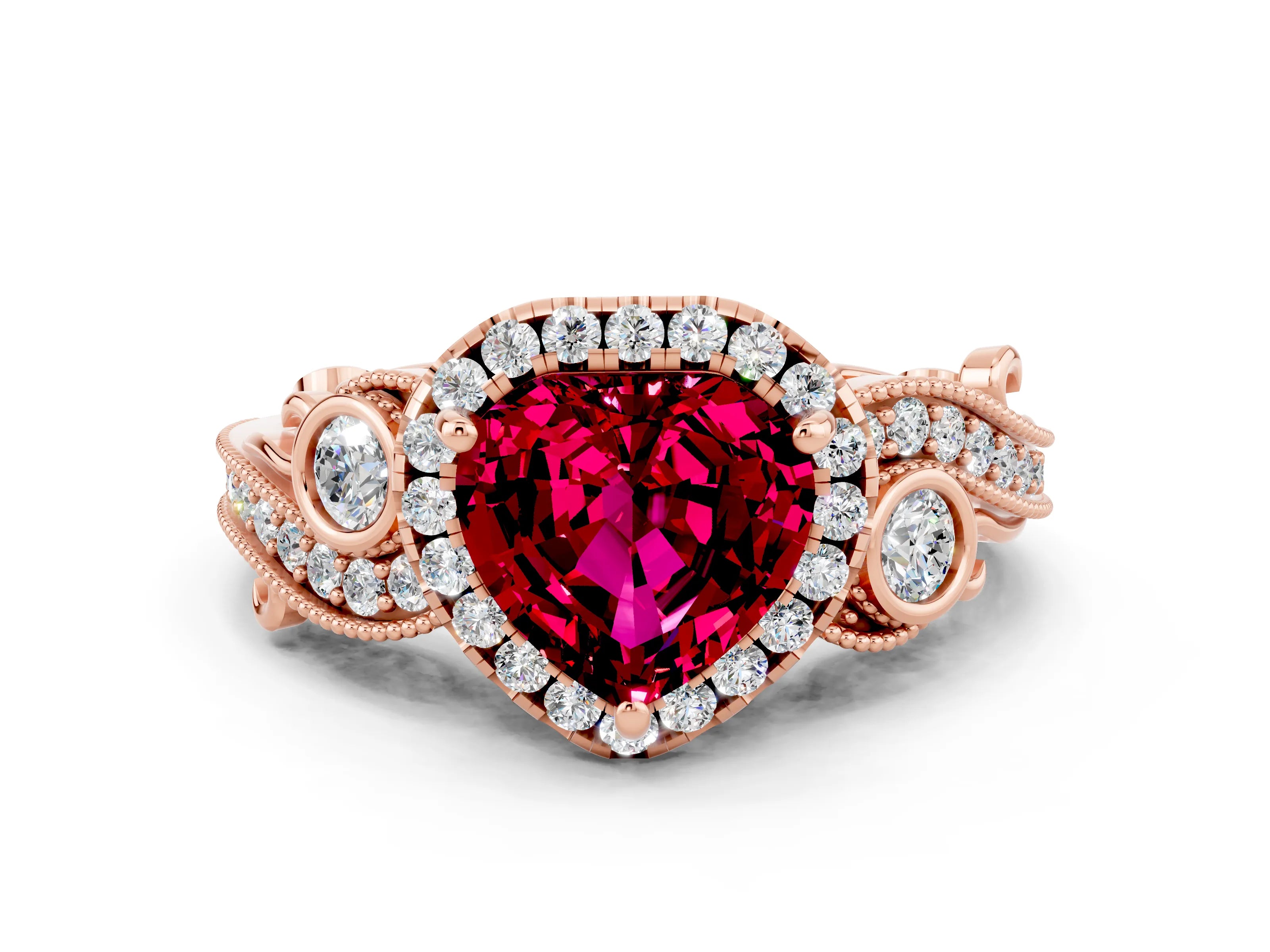 Rose gold Heart Cut Garnet Halo Ring with Milgrain Pavé Band and Four-Prong Setting_12