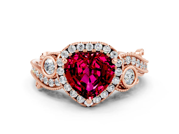 Rose gold Heart Cut Garnet Halo Ring with Milgrain Pavé Band and Four-Prong Setting