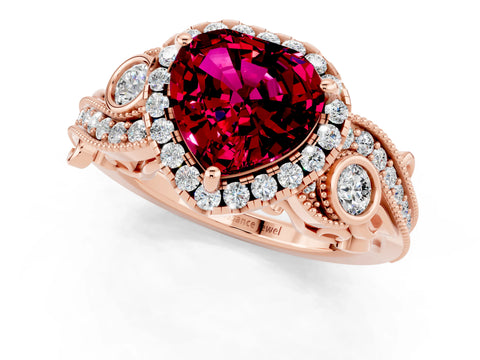 Rose gold Heart Cut Garnet Halo Ring with Milgrain Pavé Band and Four-Prong Setting_13