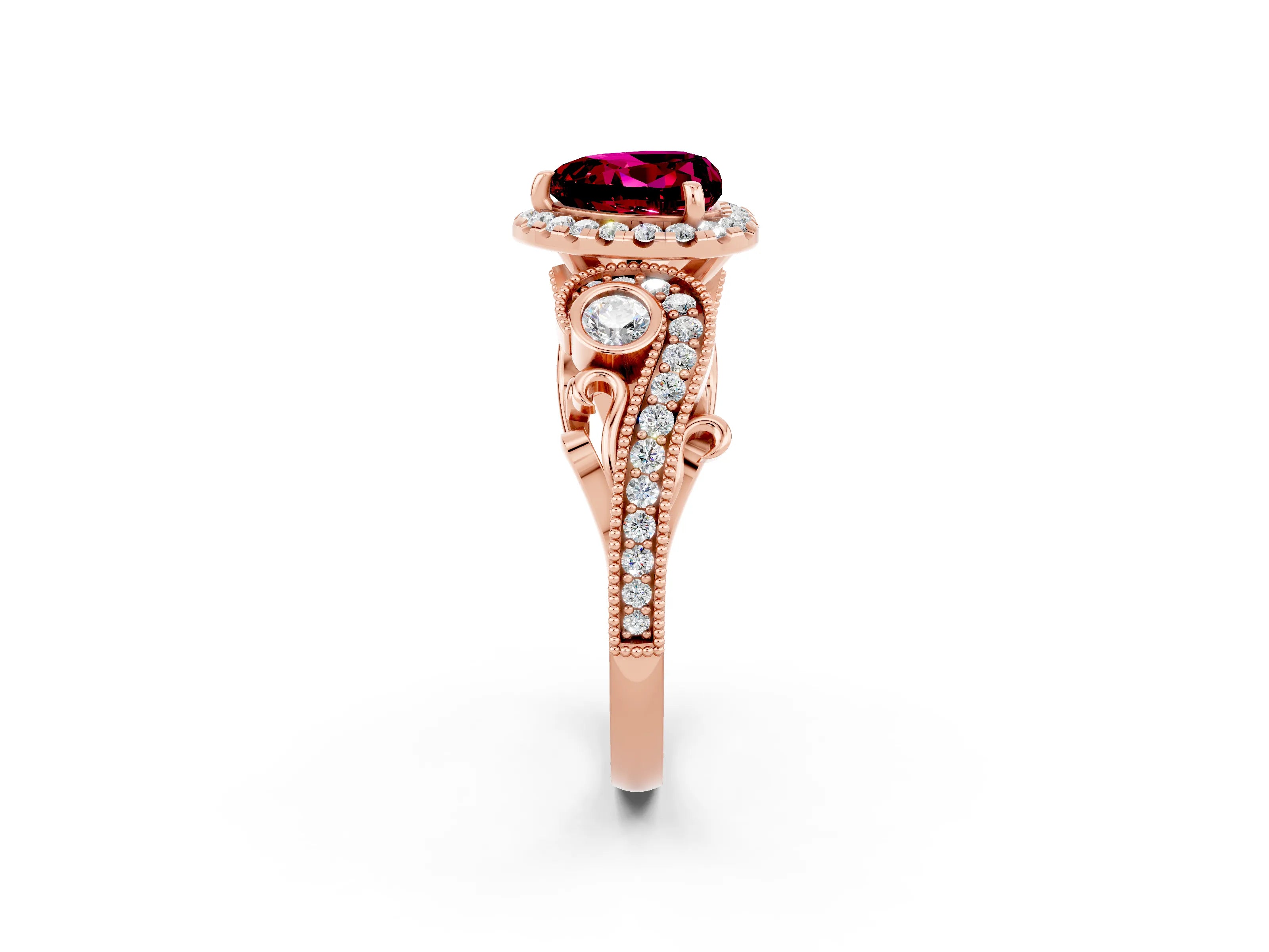 Rose gold Heart Cut Garnet Halo Ring with Milgrain Pavé Band and Four-Prong Setting_14