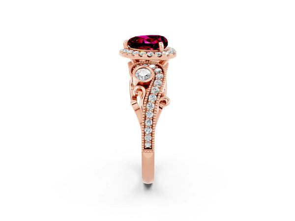 Rose gold Heart Cut Garnet Halo Ring with Milgrain Pavé Band and Four-Prong Setting