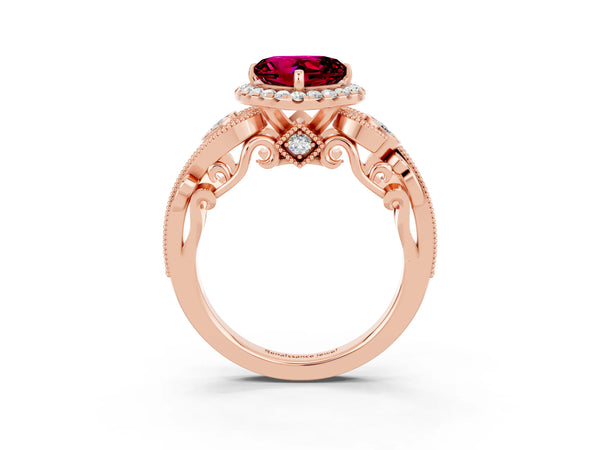 Rose gold Heart Cut Garnet Halo Ring with Milgrain Pavé Band and Four-Prong Setting