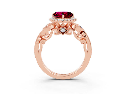 Rose gold Heart Cut Garnet Halo Ring with Milgrain Pavé Band and Four-Prong Setting_15