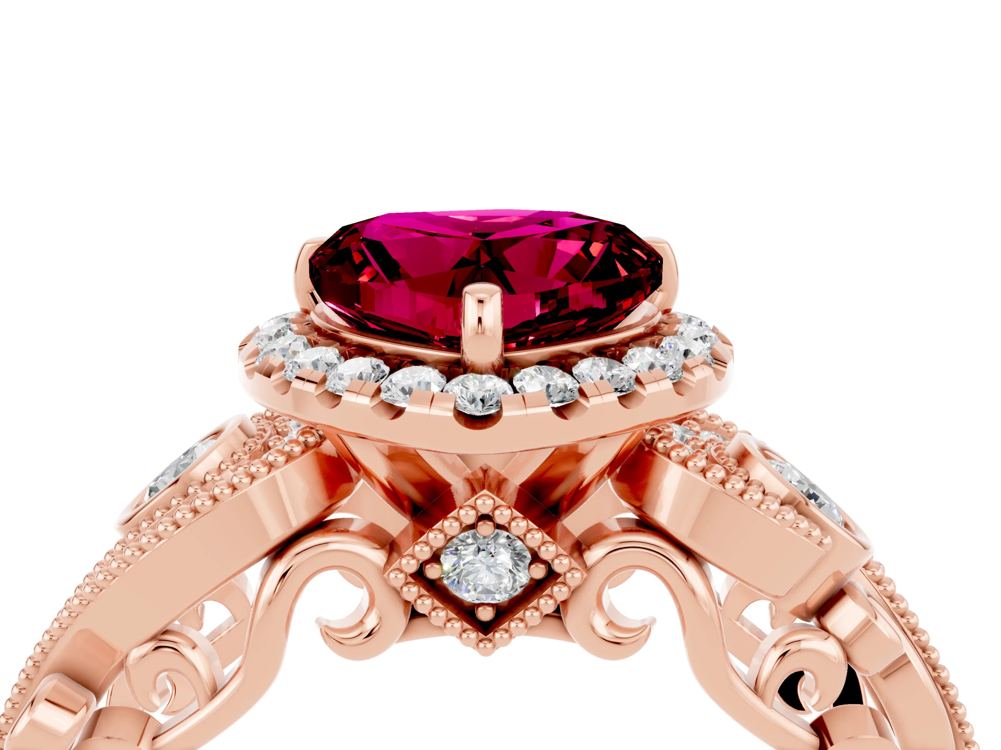 Rose gold Heart Cut Garnet Halo Ring with Milgrain Pavé Band and Four-Prong Setting_16