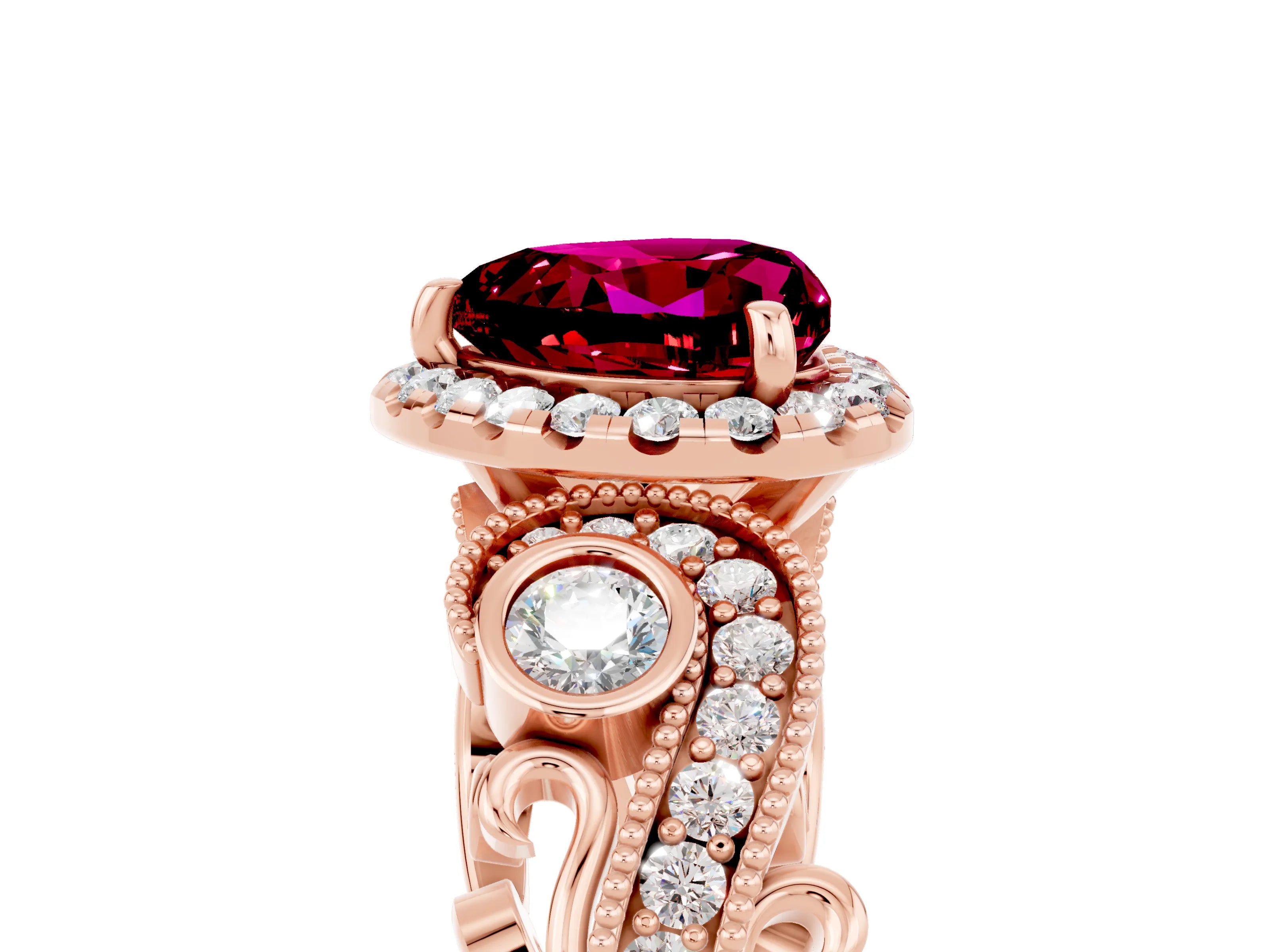 Rose gold Heart Cut Garnet Halo Ring with Milgrain Pavé Band and Four-Prong Setting_17