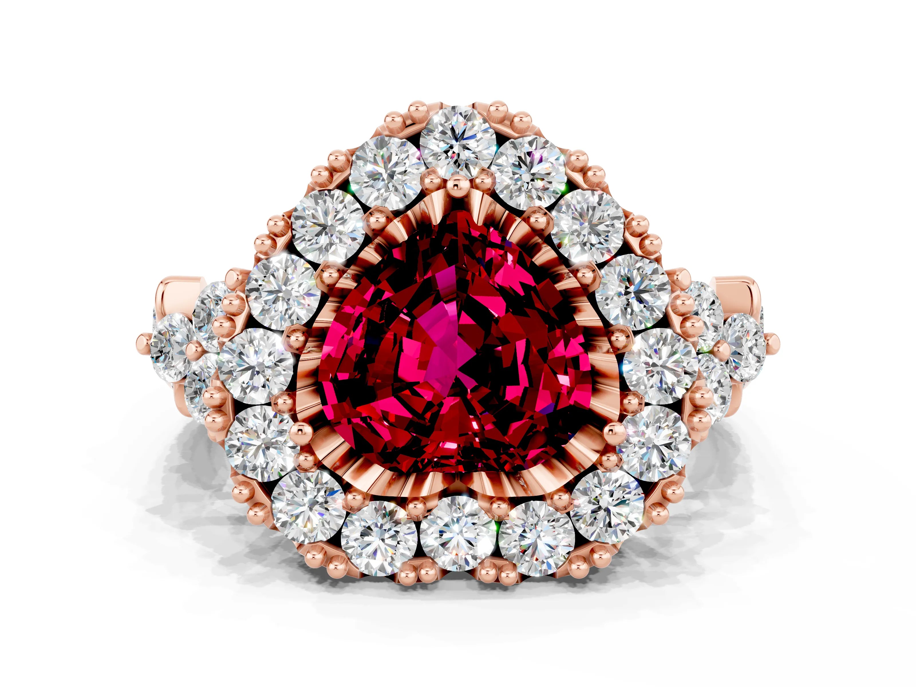 Rose gold Heart Cut Garnet Halo Ring with Pavé Band and Four-Prong Setting_12