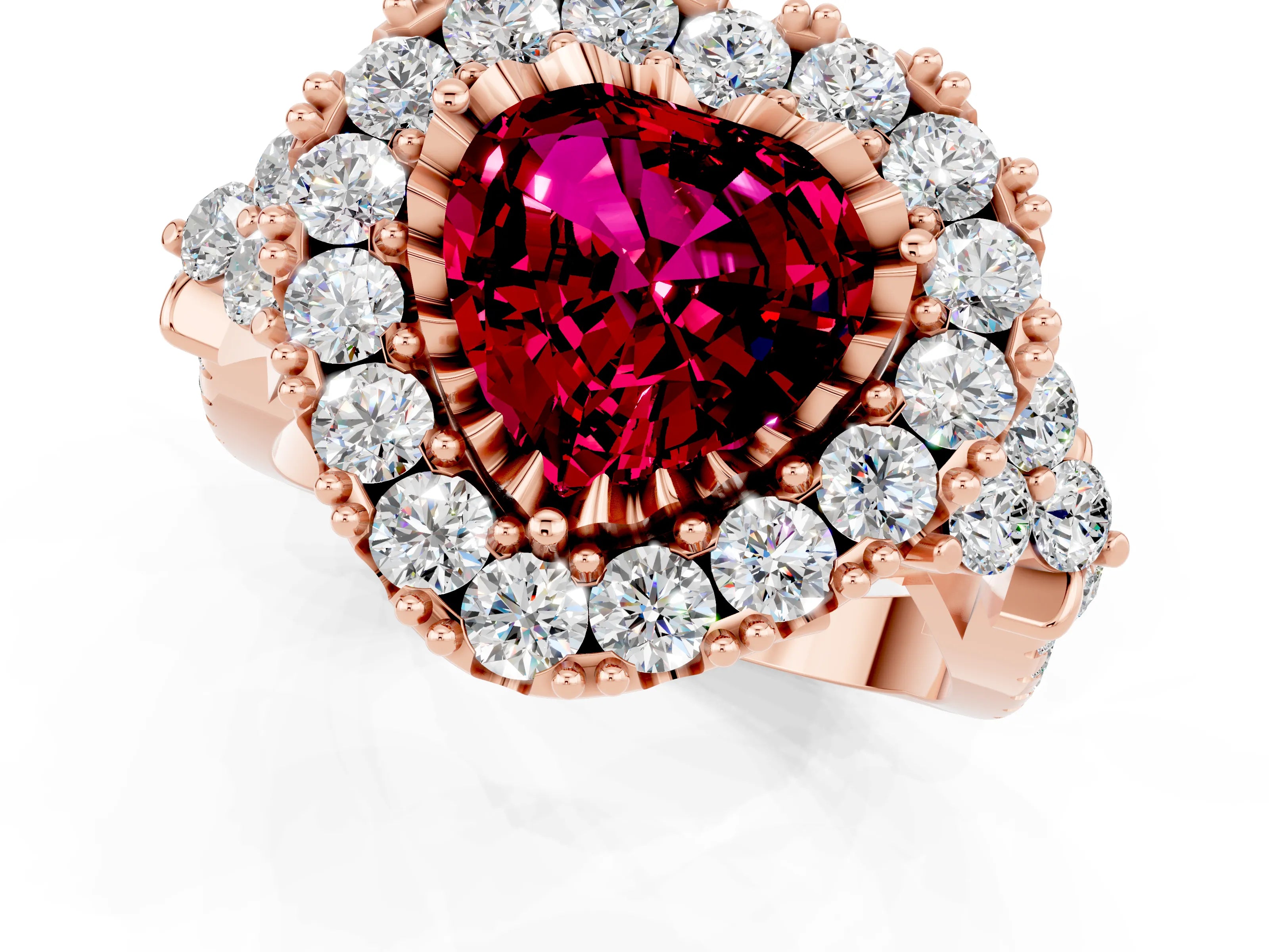 Rose gold Heart Cut Garnet Halo Ring with Pavé Band and Four-Prong Setting_13