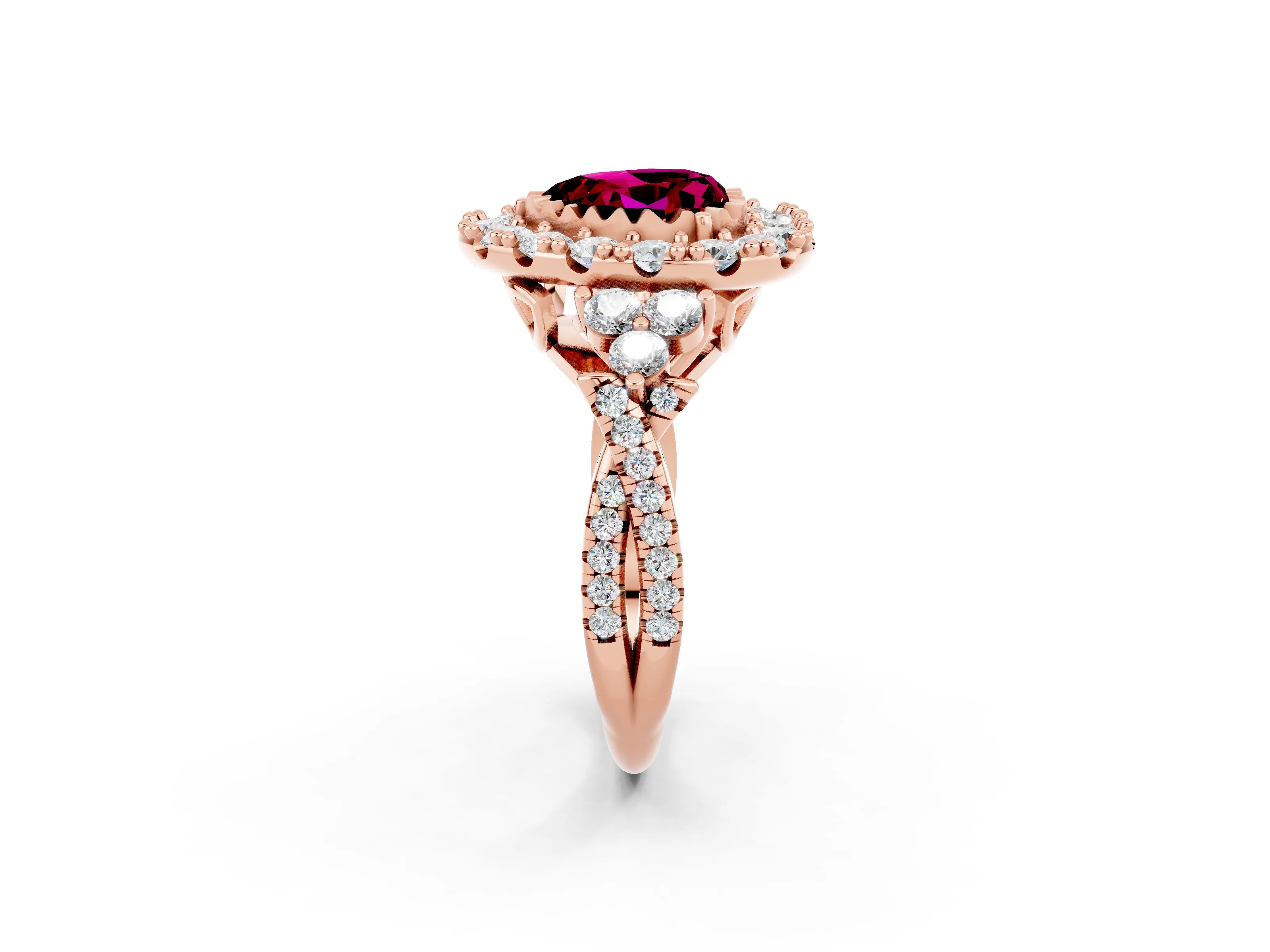 Rose gold Heart Cut Garnet Halo Ring with Pavé Band and Four-Prong Setting_14