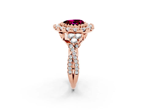 Rose gold Heart Cut Garnet Halo Ring with Pavé Band and Four-Prong Setting_14