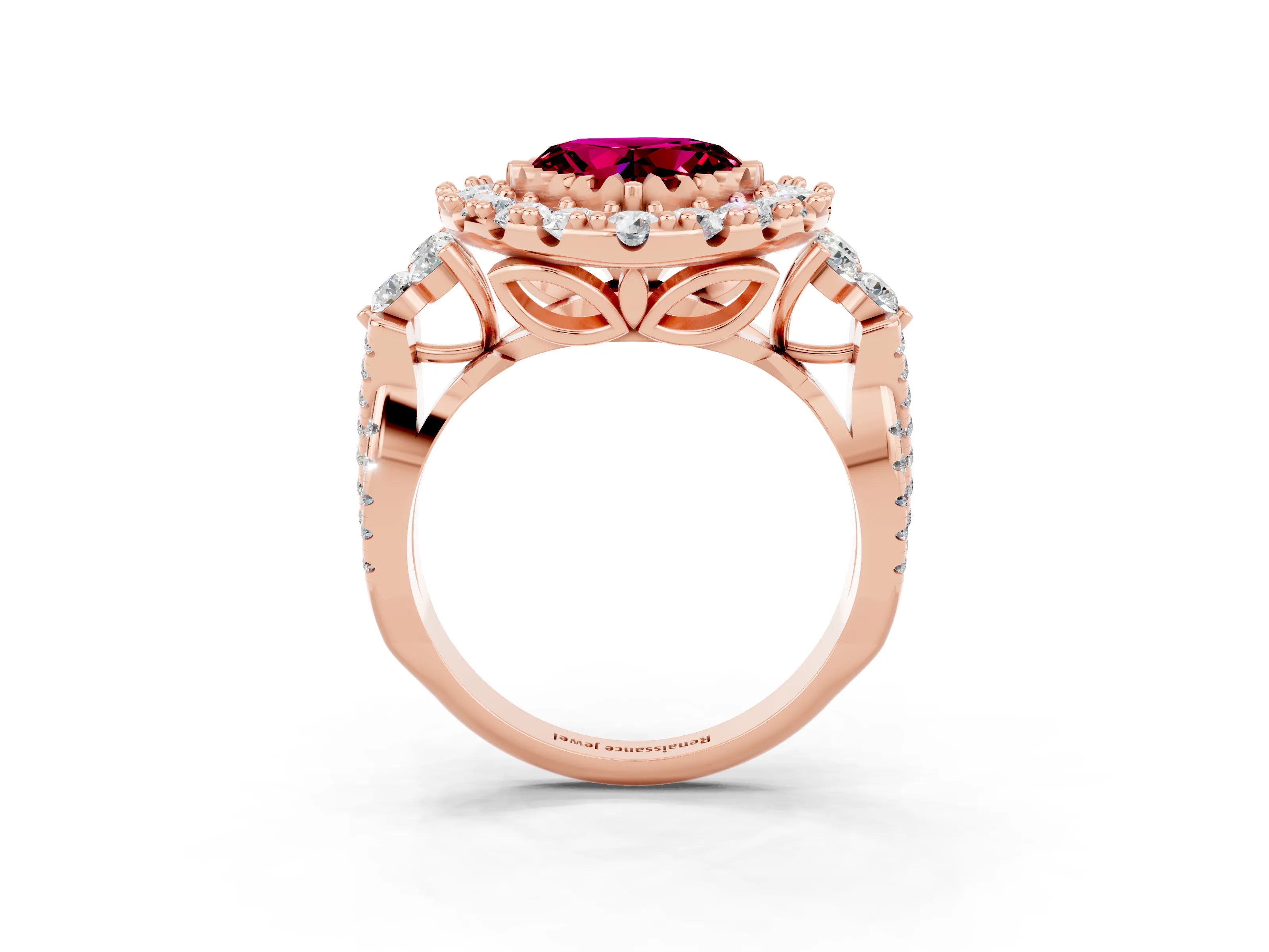 Rose gold Heart Cut Garnet Halo Ring with Pavé Band and Four-Prong Setting_15