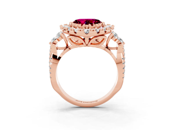 Rose gold Heart Cut Garnet Halo Ring with Pavé Band and Four-Prong Setting
