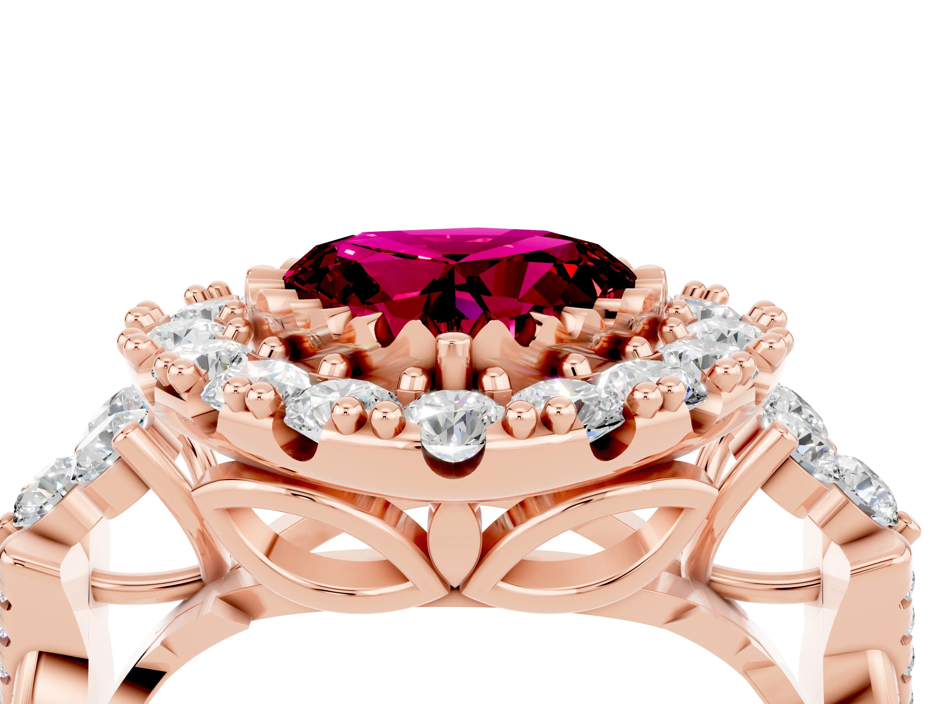 Rose gold Heart Cut Garnet Halo Ring with Pavé Band and Four-Prong Setting_16