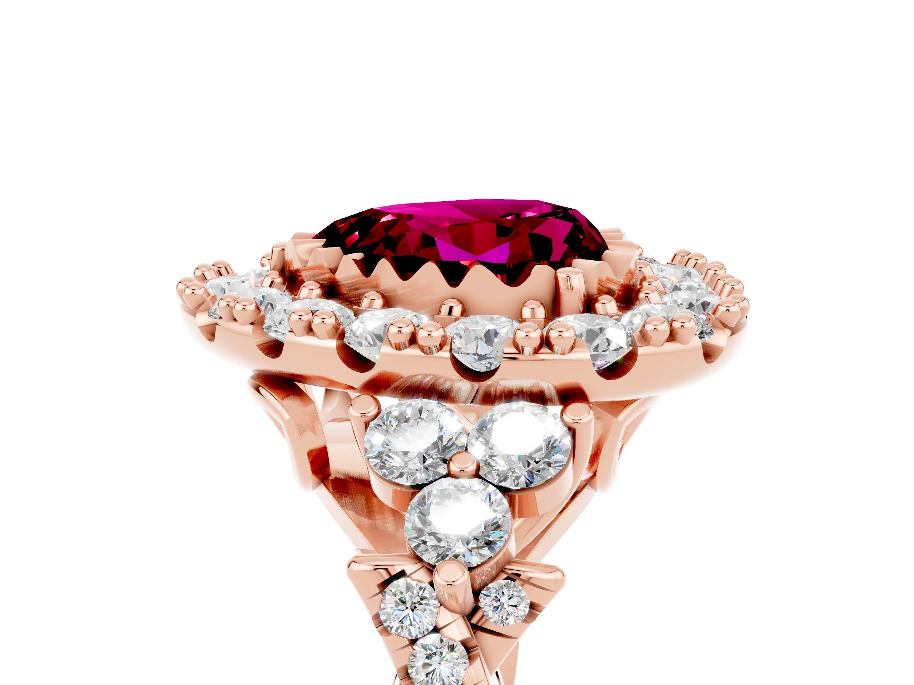 Rose gold Heart Cut Garnet Halo Ring with Pavé Band and Four-Prong Setting_17