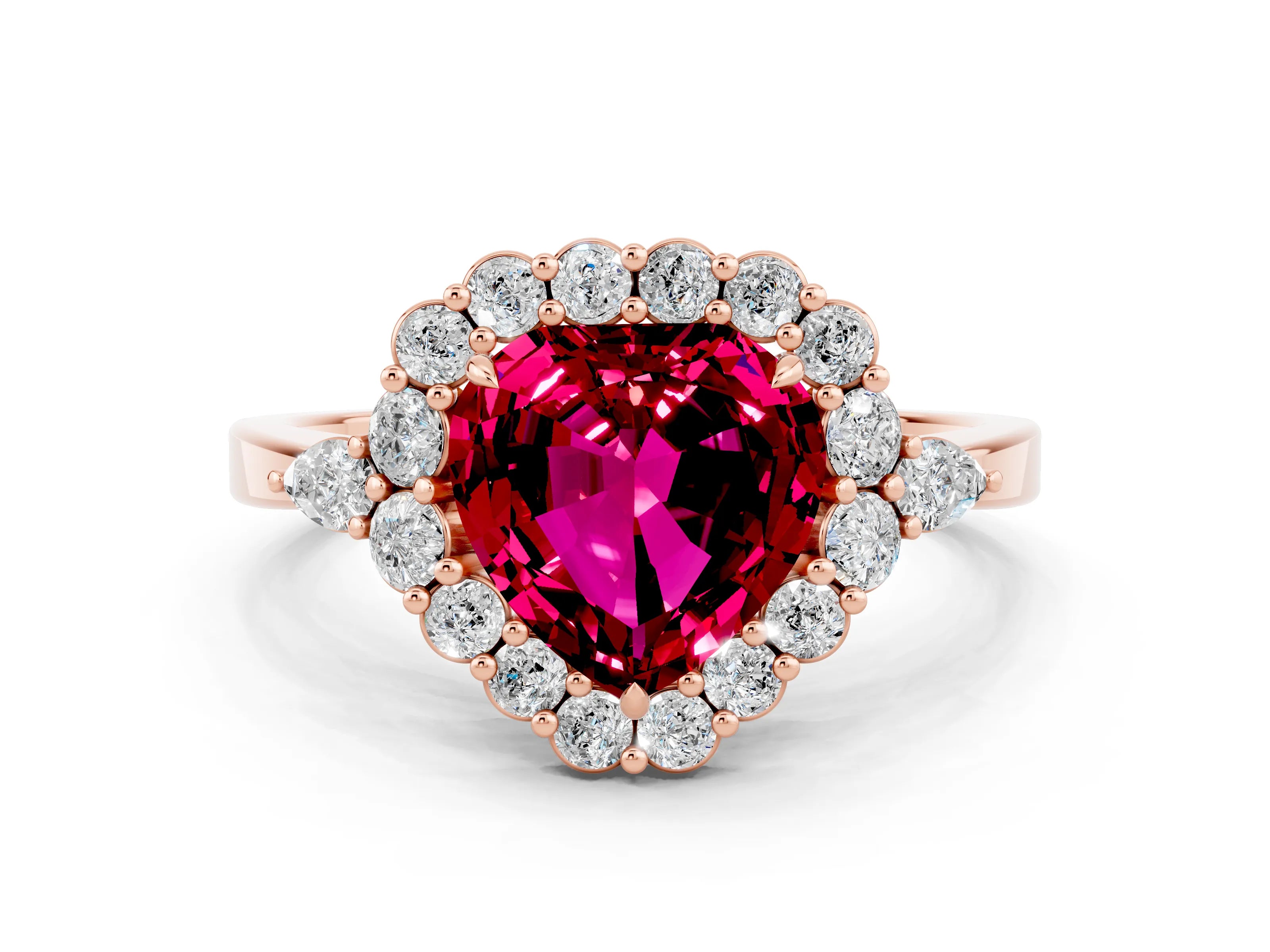 Rose gold Heart Cut Garnet Halo Ring with Pear Side Stones and Prong Setting_12