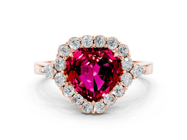 Rose gold Heart Cut Garnet Halo Ring with Pear Side Stones and Prong Setting