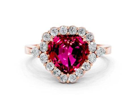 Rose gold Heart Cut Garnet Halo Ring with Pear Side Stones and Prong Setting_12