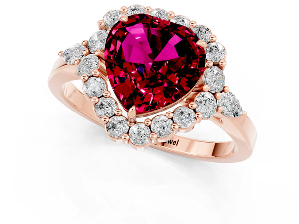 Rose gold Heart Cut Garnet Halo Ring with Pear Side Stones and Prong Setting