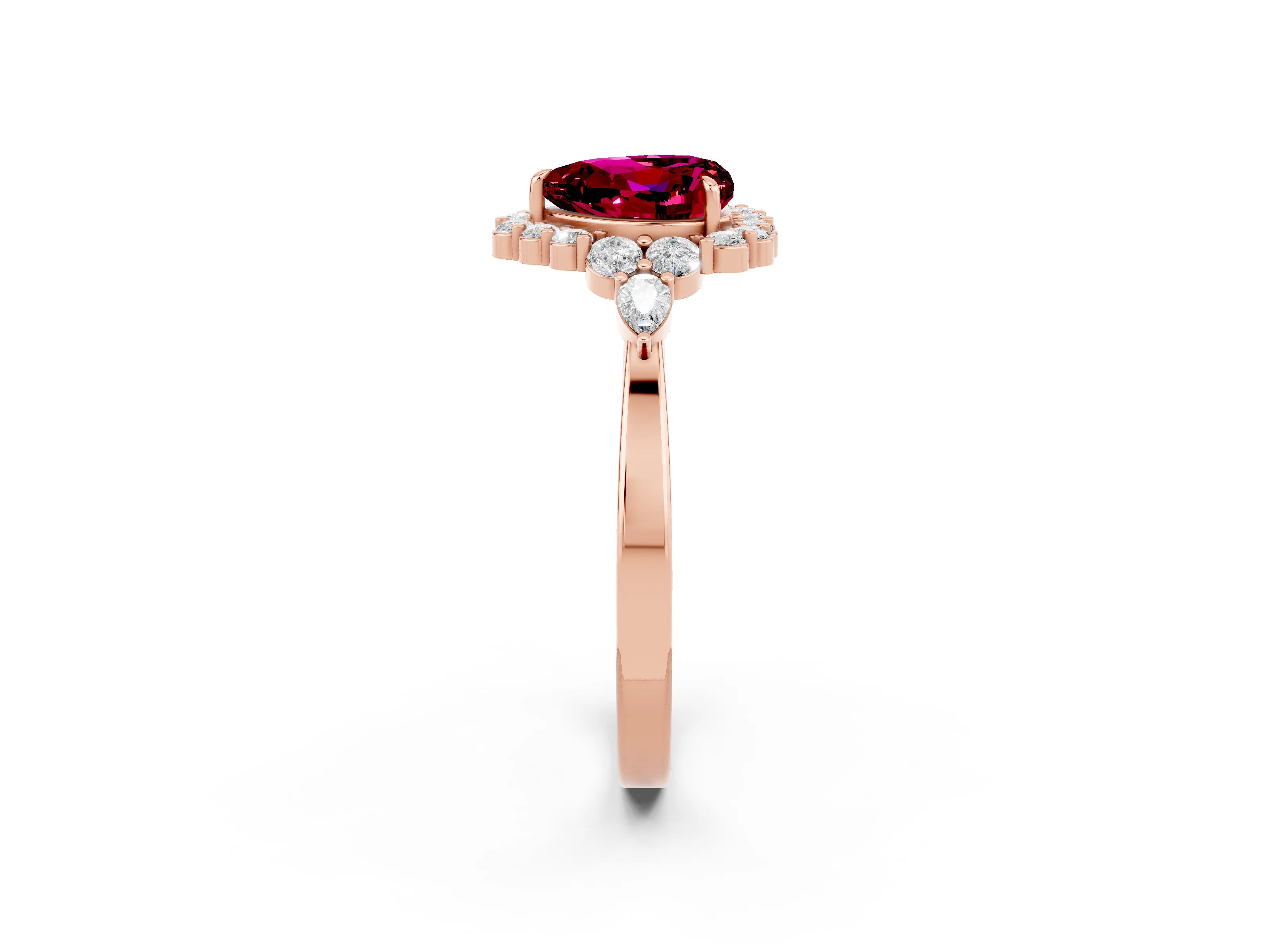 Rose gold Heart Cut Garnet Halo Ring with Pear Side Stones and Prong Setting_14