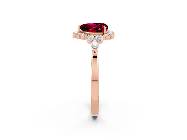 Rose gold Heart Cut Garnet Halo Ring with Pear Side Stones and Prong Setting