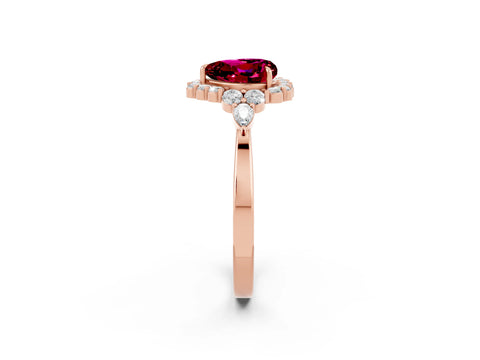 Rose gold Heart Cut Garnet Halo Ring with Pear Side Stones and Prong Setting_14