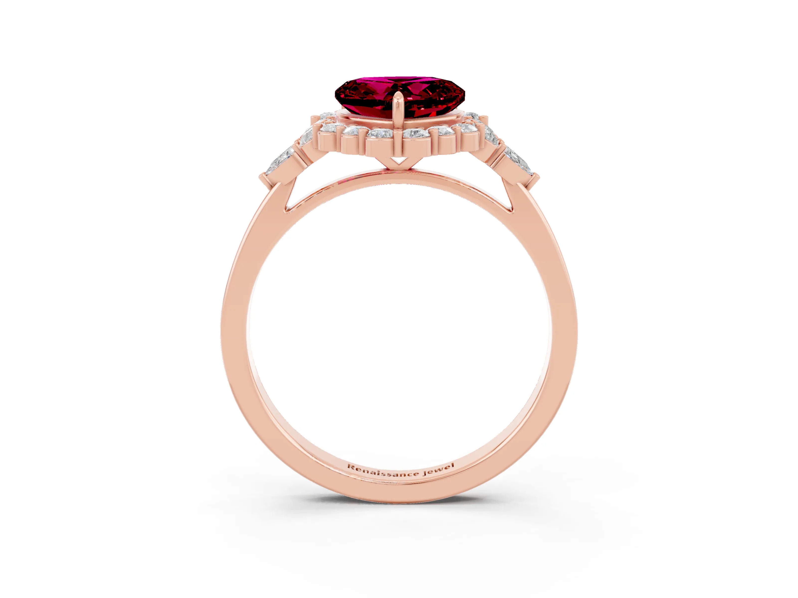 Rose gold Heart Cut Garnet Halo Ring with Pear Side Stones and Prong Setting_15