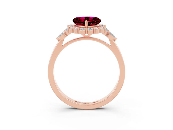 Rose gold Heart Cut Garnet Halo Ring with Pear Side Stones and Prong Setting