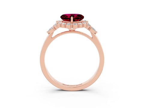 Rose gold Heart Cut Garnet Halo Ring with Pear Side Stones and Prong Setting_15
