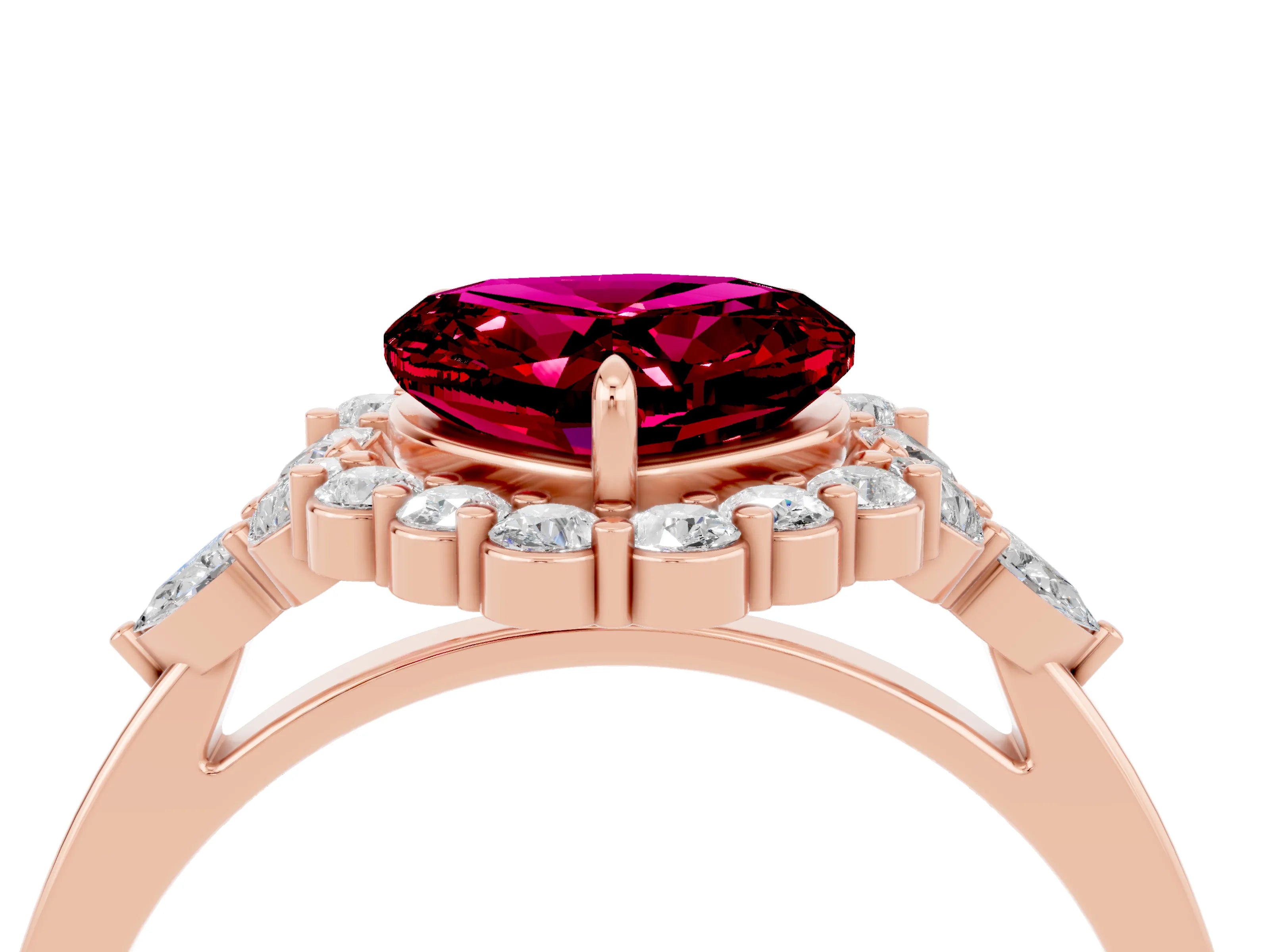 Rose gold Heart Cut Garnet Halo Ring with Pear Side Stones and Prong Setting_16
