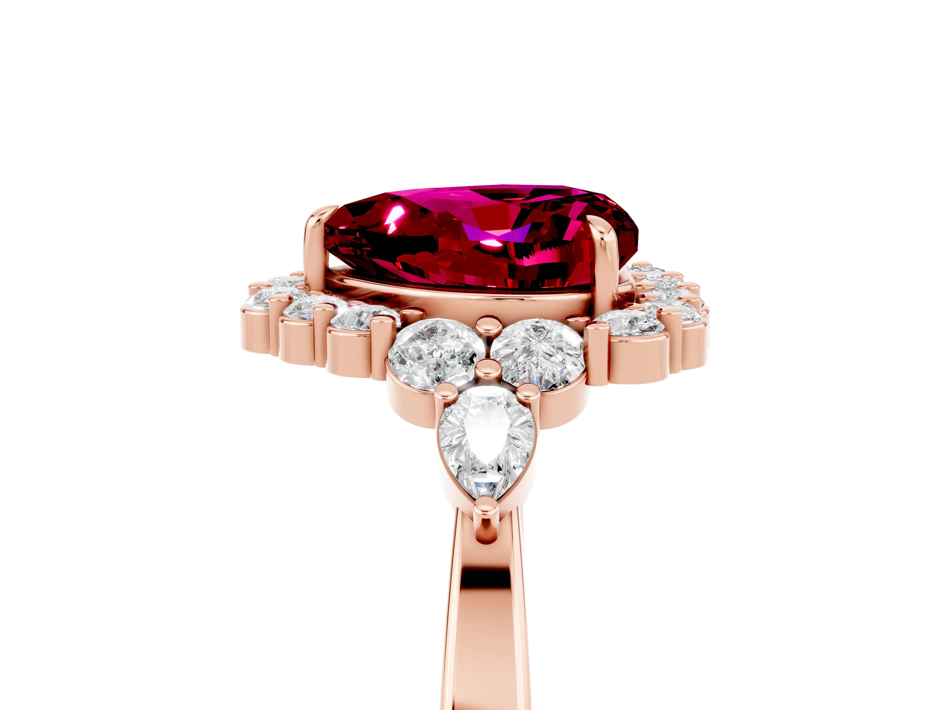 Rose gold Heart Cut Garnet Halo Ring with Pear Side Stones and Prong Setting_17