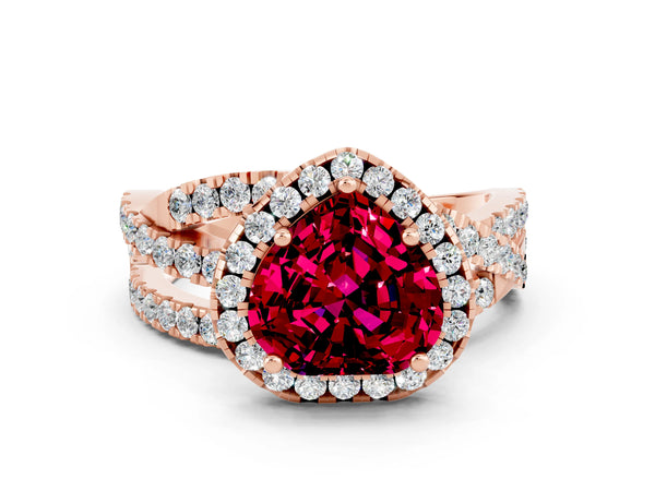 Rose gold Heart Cut Garnet Halo Ring with Round Split Shank and Prong Setting