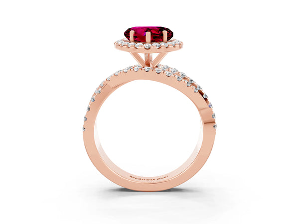 Rose gold Heart Cut Garnet Halo Ring with Round Split Shank and Prong Setting