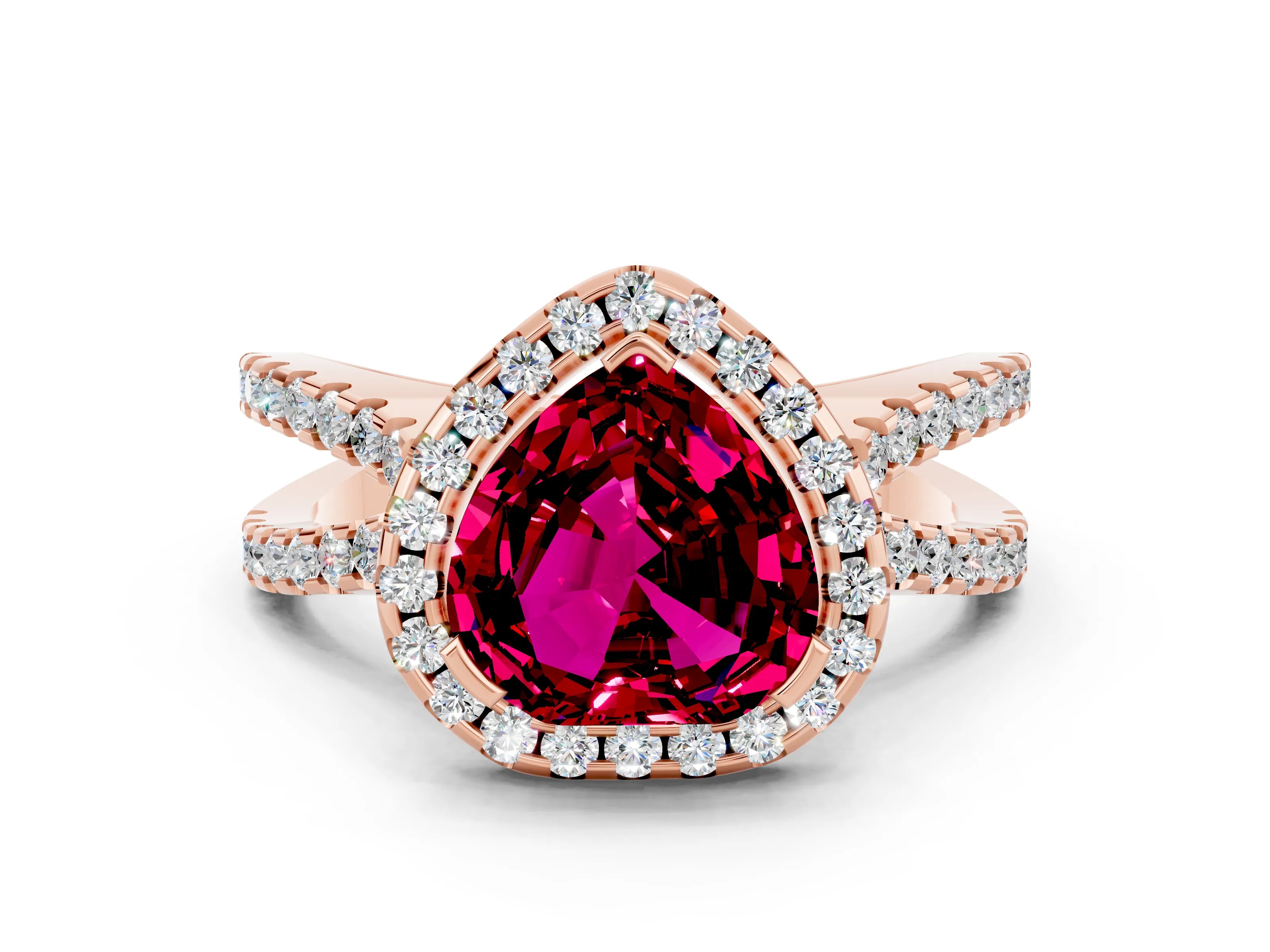 Rose gold Heart Cut Garnet Halo Ring with Split Shank Pavé Band and Prong Setting