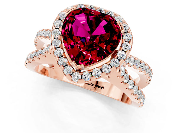 Rose gold Heart Cut Garnet Halo Ring with Split Shank Pavé Band and Prong Setting