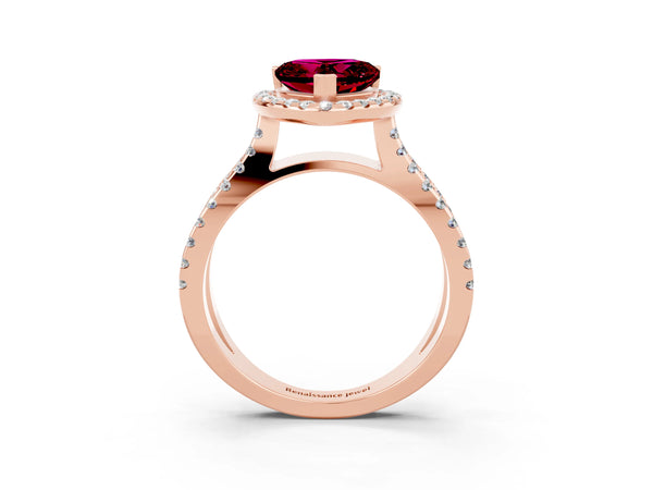 Rose gold Heart Cut Garnet Halo Ring with Split Shank Pavé Band and Prong Setting