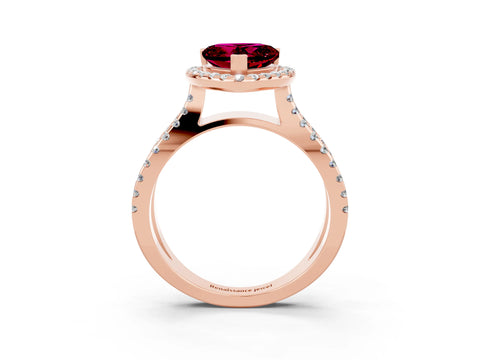 Rose gold Heart Cut Garnet Halo Ring with Split Shank Pavé Band and Prong Setting_3