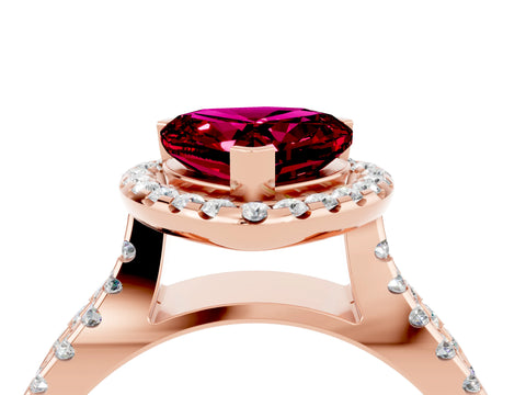 Rose gold Heart Cut Garnet Halo Ring with Split Shank Pavé Band and Prong Setting_4
