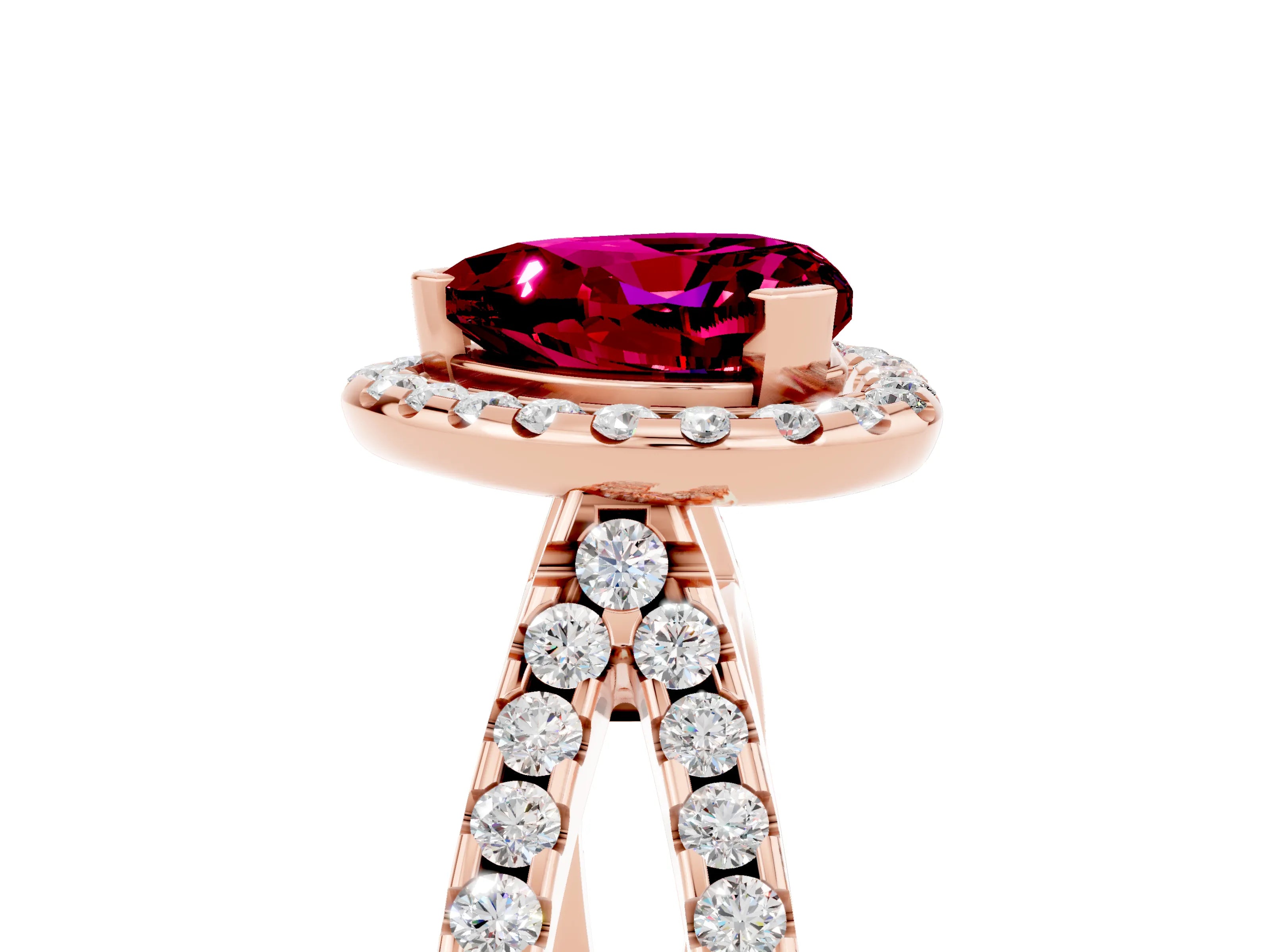 Rose gold Heart Cut Garnet Halo Ring with Split Shank Pavé Band and Prong Setting_5