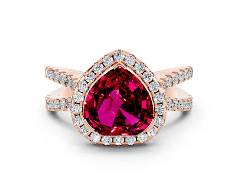 Rose gold Heart Cut Garnet Halo Ring with Split Shank Pavé Band and Prong Setting