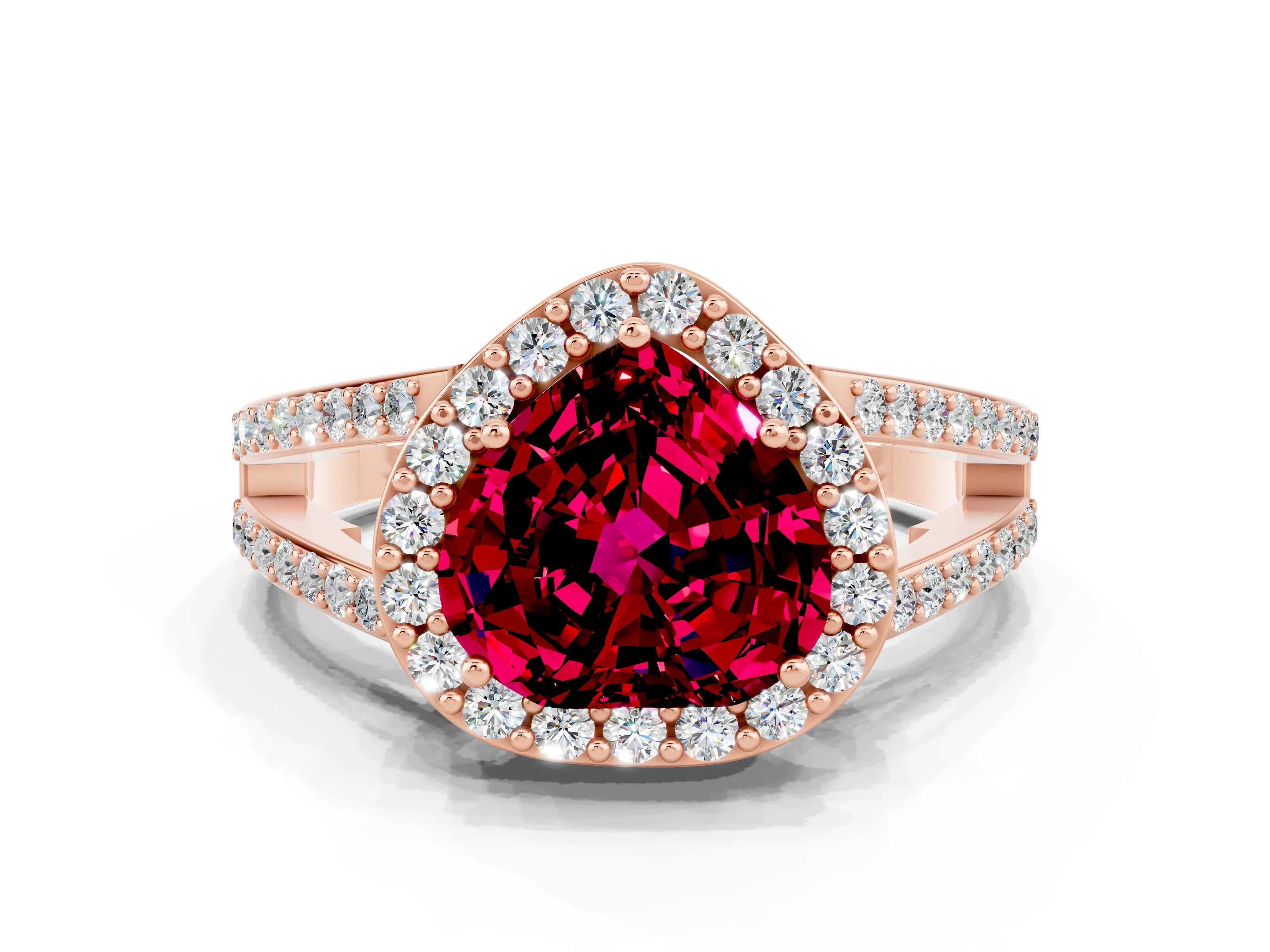 Rose gold Heart Cut Garnet Halo Ring with Split Shank U-Prong Band and Four-Prong Setting