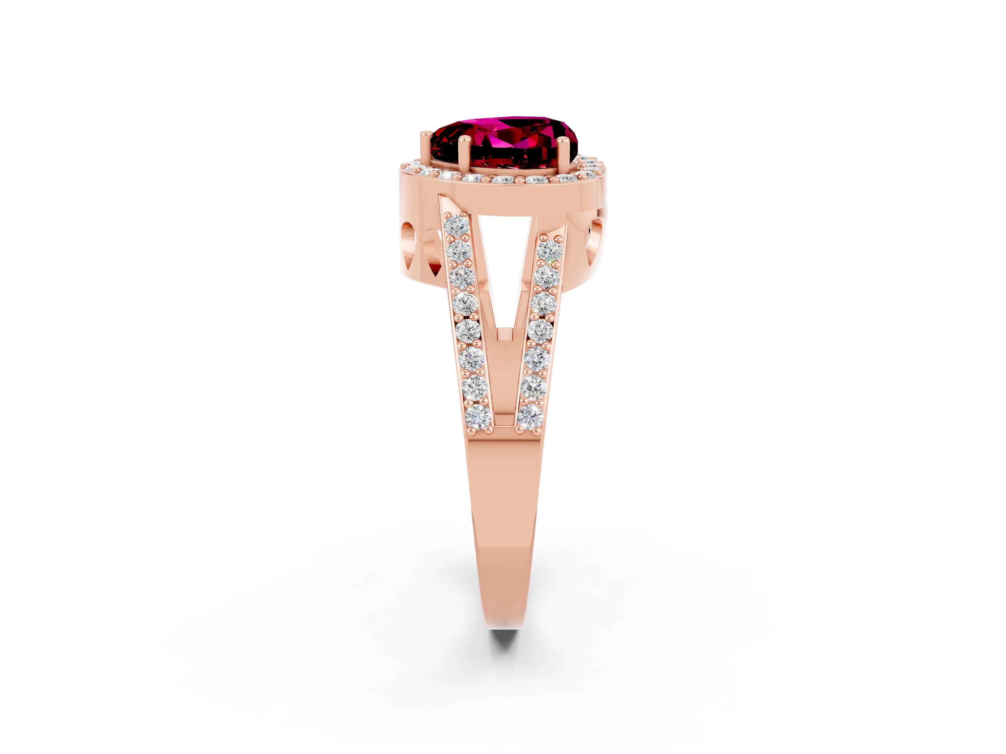 Rose gold Heart Cut Garnet Halo Ring with Split Shank U-Prong Band and Four-Prong Setting_2