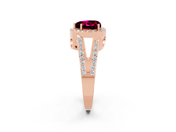 Rose gold Heart Cut Garnet Halo Ring with Split Shank U-Prong Band and Four-Prong Setting