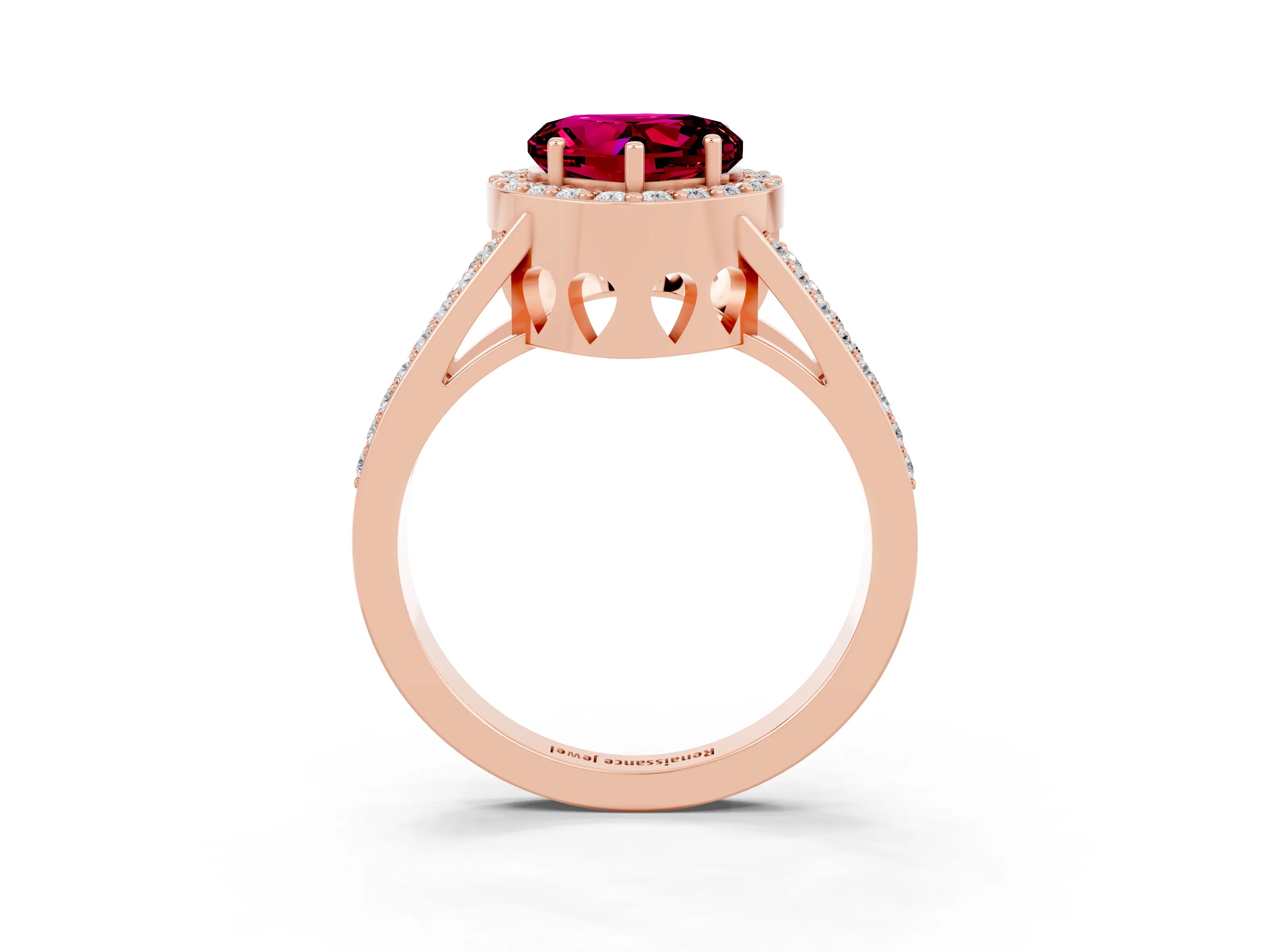 Rose gold Heart Cut Garnet Halo Ring with Split Shank U-Prong Band and Four-Prong Setting_3