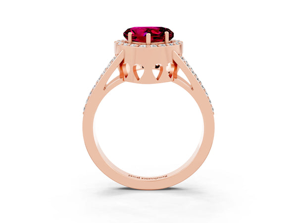 Rose gold Heart Cut Garnet Halo Ring with Split Shank U-Prong Band and Four-Prong Setting