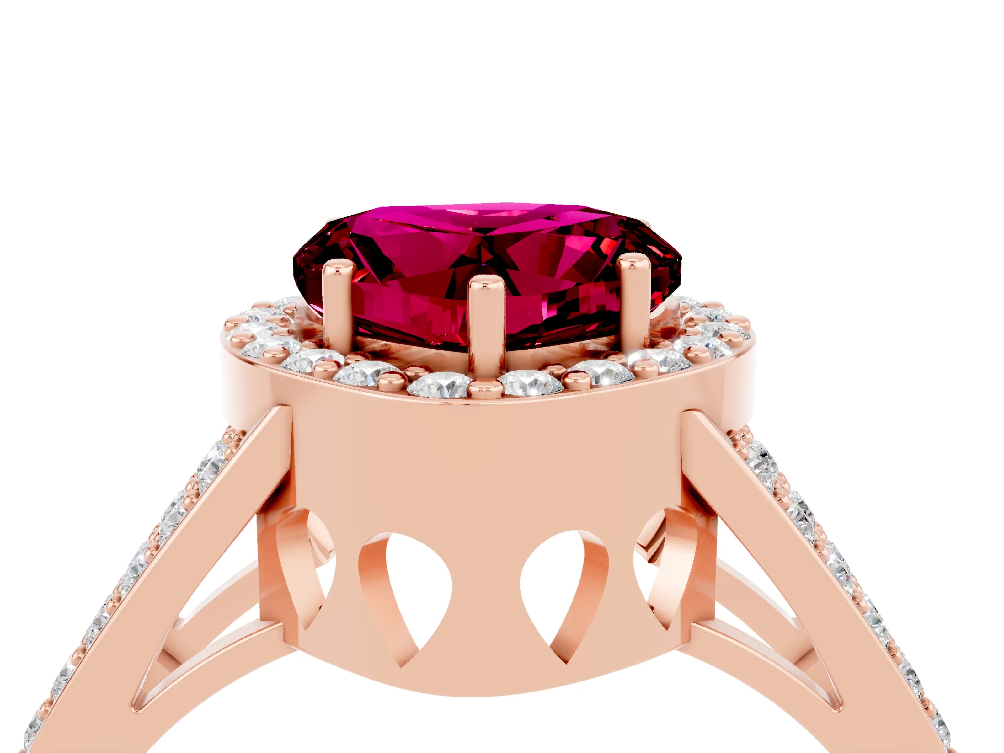 Rose gold Heart Cut Garnet Halo Ring with Split Shank U-Prong Band and Four-Prong Setting_4